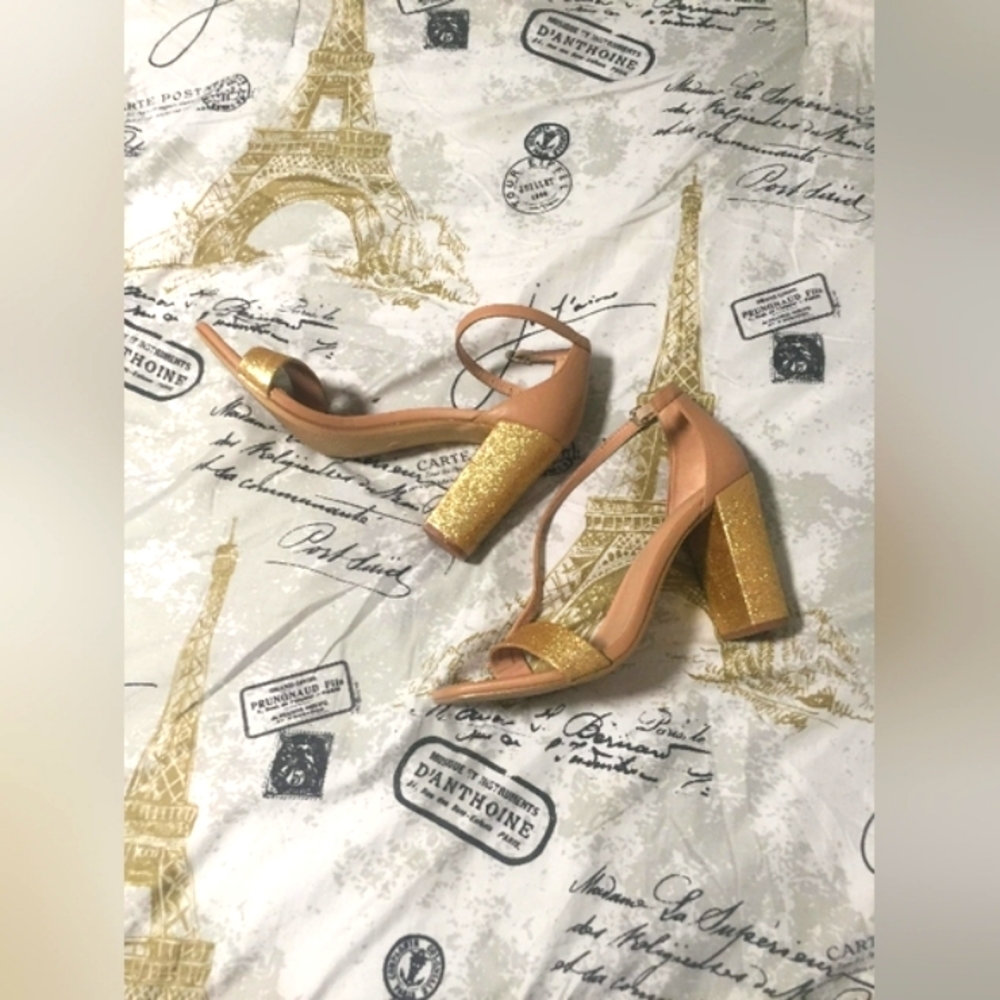 Gold Accented Nude Open Toe Sandal Heels